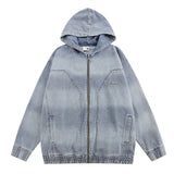 Men Denim Jacket Striped Hooded Denim Jacket Men's Loose Distressed Washed Tie-Dyed Denim Jacket