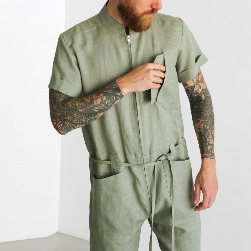 Men Pant Casual Suit Summer Short-Sleeved One-Piece Overalls