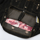 Men Denim Jacket Men's Loose Hole Denim Camouflage Coat