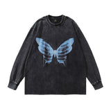 Men Long Sleeve Shirt Butterfly Graffiti Printing Vintage Long Sleeve T-shirt Washed and Worn Base