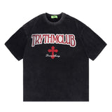 Men T Shirt High Street Print Worn Looking Washed-out Short Sleeve T-shirt Men and Women Loose
