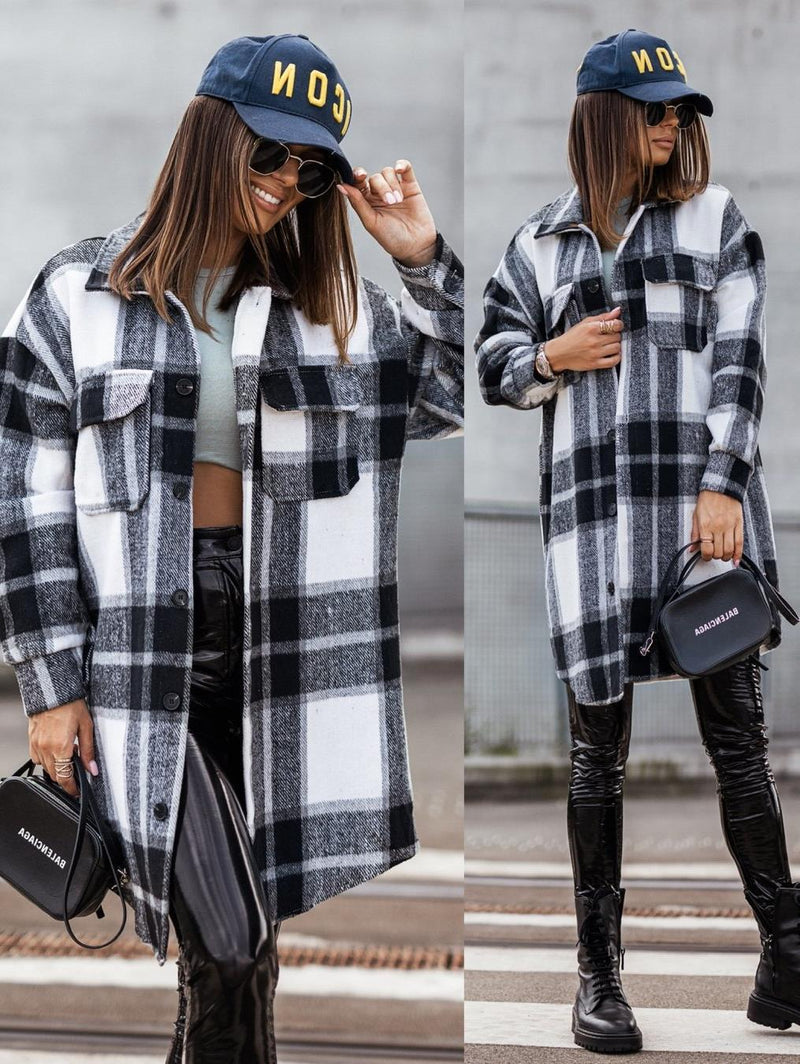 Plaid Trench Coat Mid-Length Plaid Printed Coat