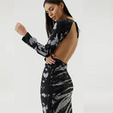 Women Desses Printed Dress Slim Fit round Neck Long Sleeves Hip Skirt
