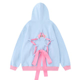 Men Hoodie Two-Way Zipper Hooded Jacket Five-Pointed Star Rope Bow Bandage Sweater