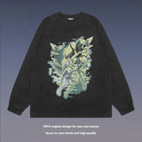 Men Long Sleeve Shirt Rock Print Washed Oversize Long Sleeve Bottoming T-shirt Men and Women Ins