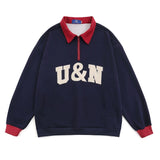 Men Hoodie Lapel Sweater Men's Spring and Autumn Loose Contrast Color Polo Collar Half Zipper Top