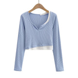 Women T-Shirt Contrast Color Women's Stitching Bottoming Shirt Long Sleeve T-shirt