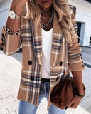 Plaid Trench Coat Long Sleeve Double Breasted Fashion Print Blazer
