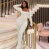 Women Jumpsuit Solid Color Sanding Slim-Fit Long Sleeve One-Piece Trousers