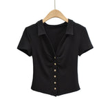 Women T-shirt Fashion Polo Collar Button Short Sleeve T-shirt