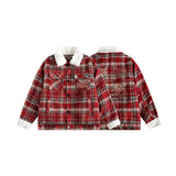 Unisex Jacket Winter American Vintage Red Grid Cotton-Padded Coat for Women