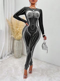 Women Jumpsuit Fashion Printed Slim Fit round Neck Long Sleeves Jumpsuit