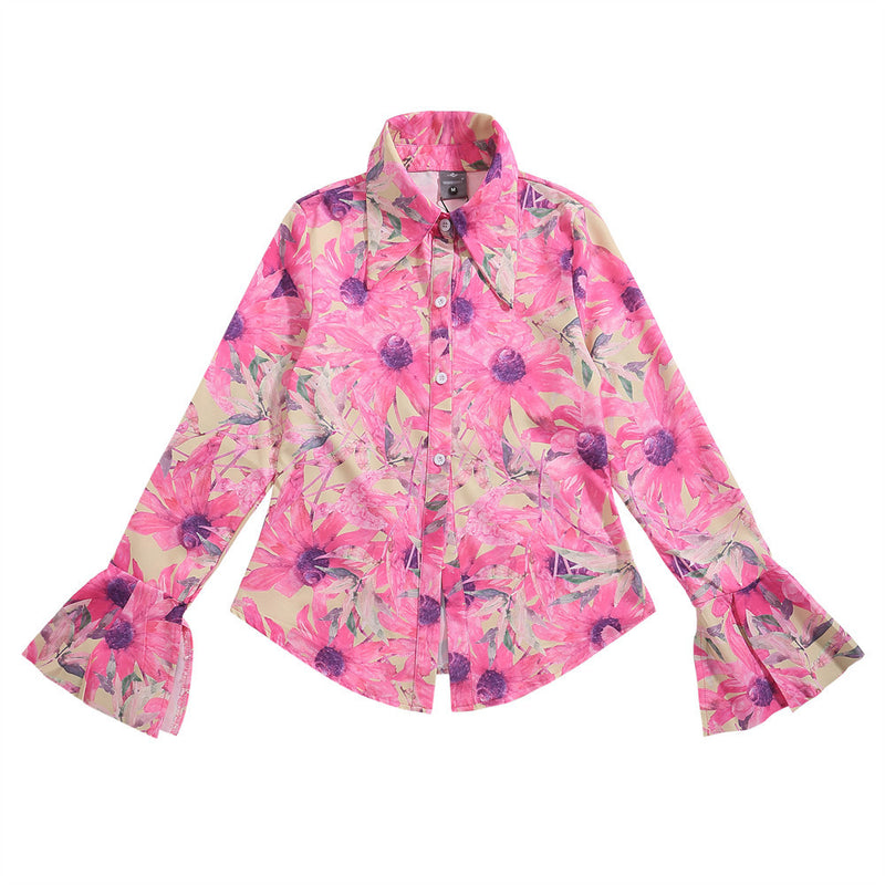 Women Long Sleeve Shirt Flare Sleeve Floral Shirt Women Autumn Hawaii Vacation Style