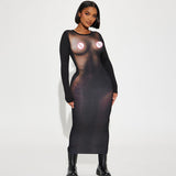 Woman Dresses Women's Spring Print round-Neck Long-Sleeved Dress