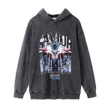 Men Hoodie Dark Devil Print Washed Distressed Hooded Sweater Loose Hand Frayed Pullover