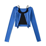 Women T-shirt Fall V-neck Slim Fit Short Small Sling Cardigan Suit