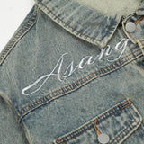 Men Denim Jacket Embroidered Denim Jacket Men's Loose Hoodie Washed and Worn Coat