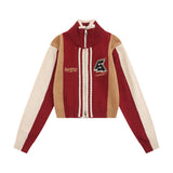 Women Sweater Color Block Embroidery Short Autumn Long Sleeve Sweater