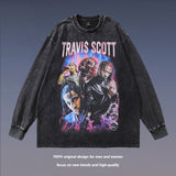 Men Long Sleeve Shirt Vintage Hip Hop Portrait Printing Worn Looking Washed-out Long Sleeve T-shirt Men