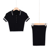 Women Skirt Suit Spring Lapel Short Sleeve Slim Knit Skirt
