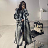 Plaid Trench Coat Autumn Houndstooth Long below the Knee Woolen Coat