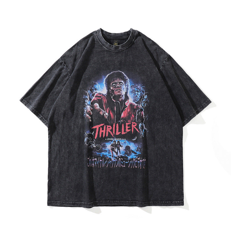 Men T Shirt Distressed Printed Short-Sleeved T-shirt Male and Female Personality Washed Loose