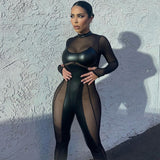Women Jumpsuit Autumn Fashion Stitching Mesh round Neck