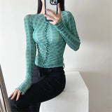 Women T-Shirt Long Sleeve Bottoming Shirt Personality Mesh Sun-Protective Clothing