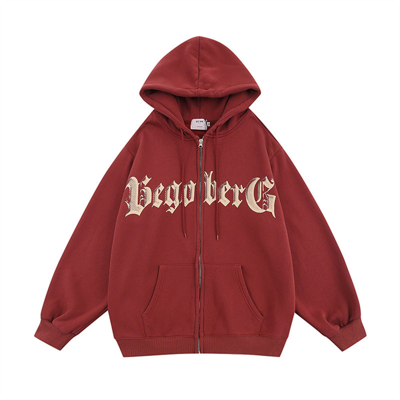 Men Fleece Lined Hoodie Letter Print Hooded Cardigan Sweater Male Loose Zipped Sports Coat