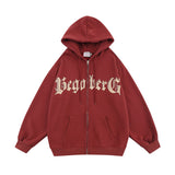 Men Fleece Lined Hoodie Letter Print Hooded Cardigan Sweater Male Loose Zipped Sports Coat