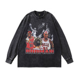 Men Long Sleeve Shirt Printed Washed round Neck Long Sleeve Bottoming Vintage Retro Style T-shirt