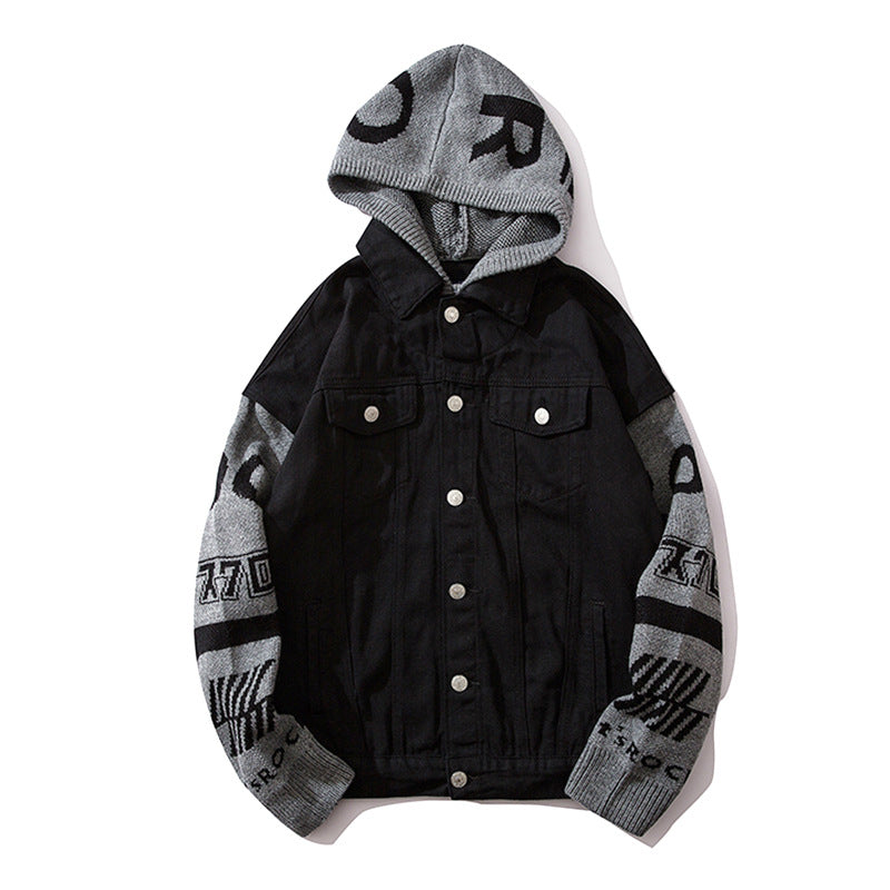 Men Denim Jacket Men's Spring and Autumn Loose Long Sleeve Stitching Hooded Jacket