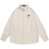 Men Long Sleeved T Shirt Flower Vertical Striped Long Sleeve Shirt Men's Spring and Autumn Loose Shirt Casual