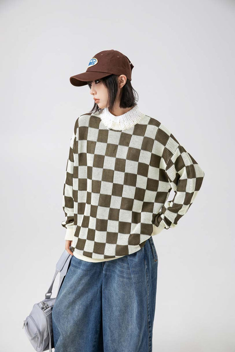 Unisex Sweater Autumn Hollow out Stitching Plaid Sweater