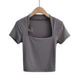 Women T-Shirt T-shirt Summer Short Sleeve Solid Color Short Slim Fit
