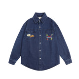 Men Long Sleeved T Shirt Embroidered Denim Long Sleeve Shirt Men Spring and Autumn Wash Water Denim Shirt Coat
