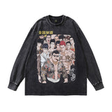 Men Long Sleeve Shirt Vintage Cartoon Printed Washed Old Long Sleeve T-shirt for Men and Women