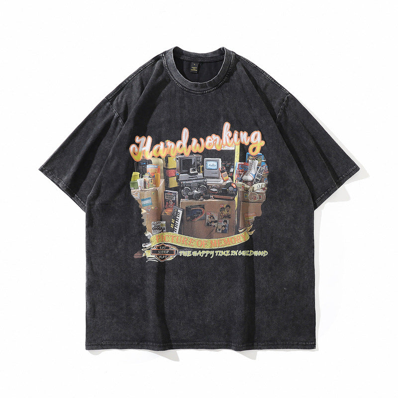Men T Shirt Hip Hop Retro Style Short Sleeve T-shirt Worn Looking Washed-out