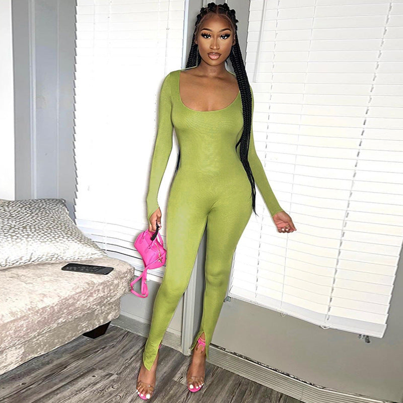 Women Jumpsuit Solid Color Sanding Slim-Fit Long Sleeve One-Piece Trousers