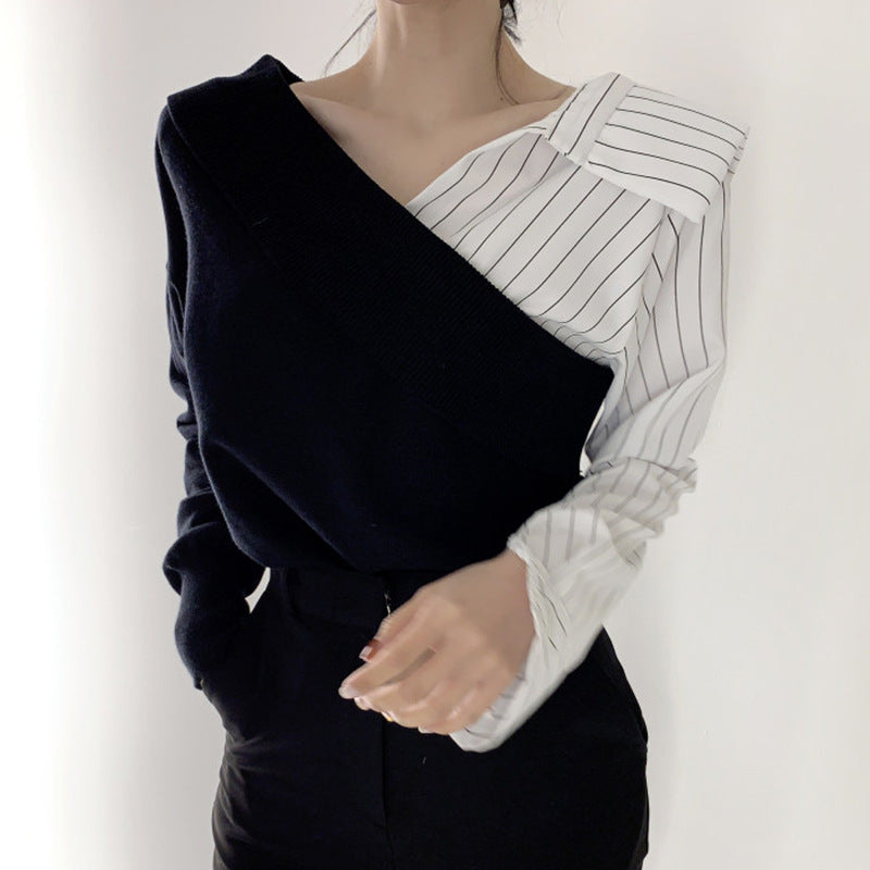 Women Long Sleeve Shirt V-neck Long Sleeve Top Contrast Color