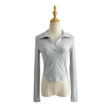 Women T-Shirt Autumn Stretch Threaded Long Sleeve T-shirt Short