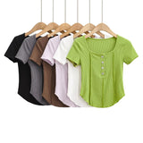 Women T-Shirt Short-Sleeved T-shirt Summer Stitching Button