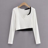 Women T-Shirt Contrast Color Women's Stitching Bottoming Shirt Long Sleeve T-shirt