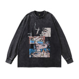 Men Long Sleeve Shirt Printed Heavy Washing Long Sleeve Bottoming T-shirt Men and Women Vintage