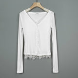 Women Long Sleeve Shirt V-neck Lace Stitching Camisole Long Sleeve Cardigan