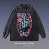 Men Long Sleeve Shirt Cartoon Printed Washed and Worn Long Sleeve T-shirt for Men and Women