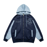 Men Fleece Lined Hoodie Cardigan Sweater Men's Winter Loose Color Contrast Patchwork Embroidered Letters