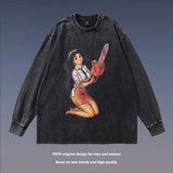 Men Long Sleeve Shirt Cartoon Printed Distressed Long Sleeve T-shirt Men's and Women's Bottoming Top