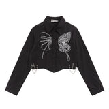 Women Long Sleeve Shirt Butterfly Print Long Sleeve Shirt Women's Loose Autumn Short