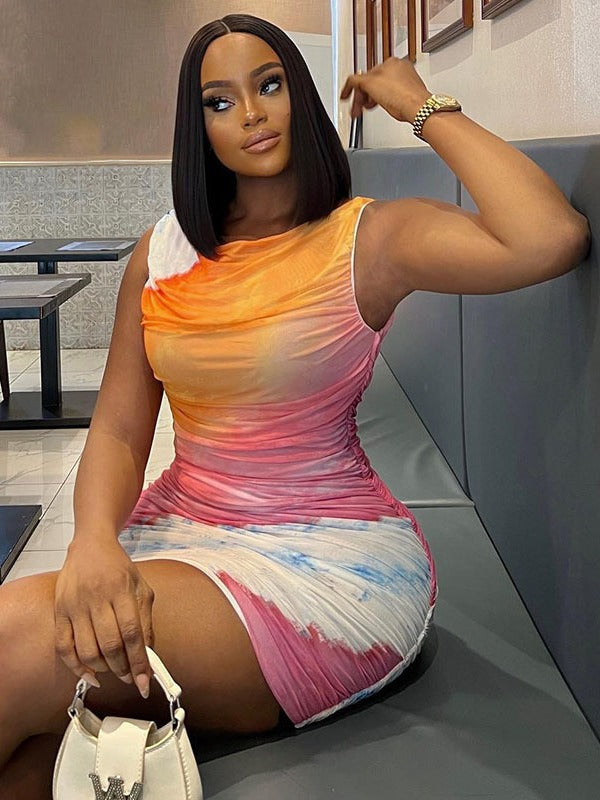 Women Dresses Fashion Print round Neck Stitching Casual Dress